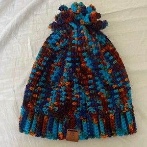 Handmade Crochet Beanie Toque Ski Hat Blues Rust and Gold Colors